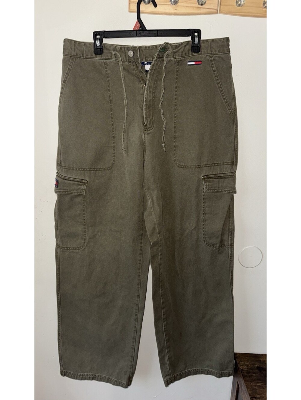 Vintage Y2K 90s Tommy Hilfiger Baggy Wide Leg Cargo Pants Jeans - 36x34 Olive